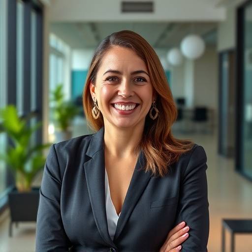 Foto de Ana Beatriz Ferreira, fundadora e CEO da Elegância no Trabalho, sorrindo em um ambiente de escritório moderno.